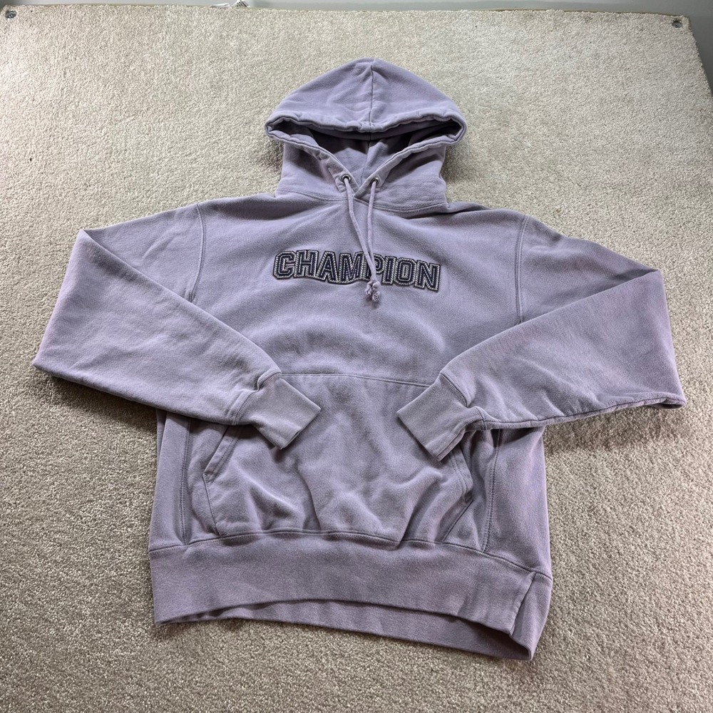 Champion Reverse Weave Hoodie Mens Medium Purple Embroidered Spellout GF510